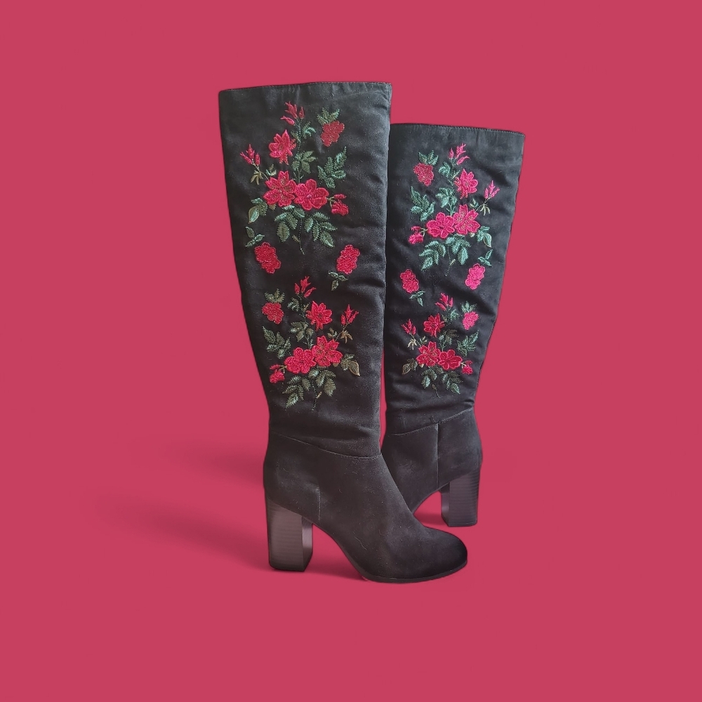 Witchy, Whimsygoth, Forestcore, Floral Embroidered Heeled Boots